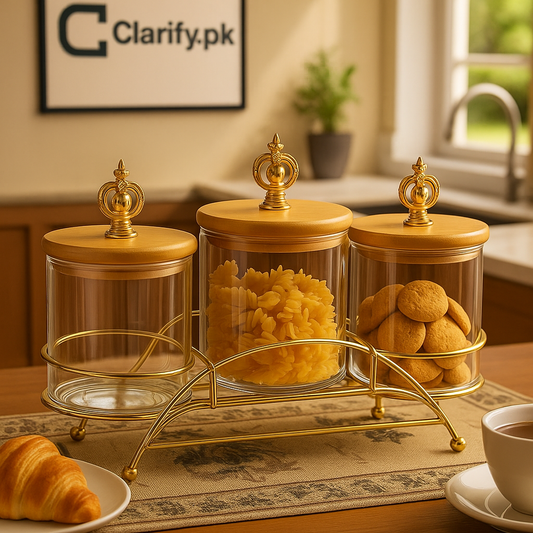 Premium 3-Piece Glass Jar Set – Metal Stand