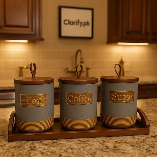 Premium Rustic 3 Pcs Ceramic Jar Set with Wooden Tray