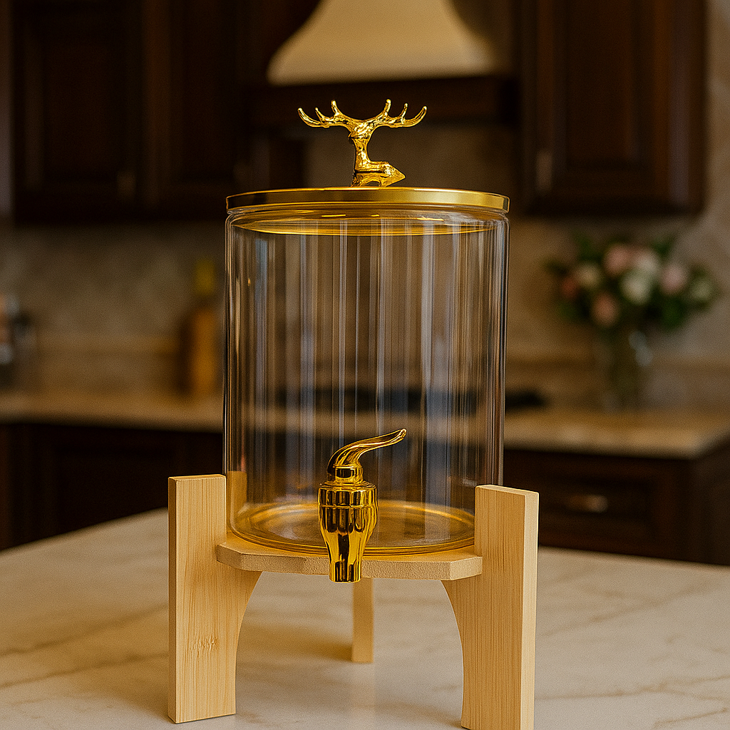 Round Glass Beverage Dispenser - Golden Tap & Wooden Stand