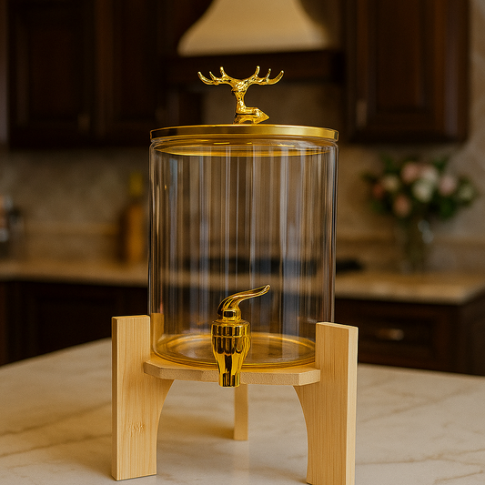 Round Glass Beverage Dispenser - Golden Tap & Wooden Stand