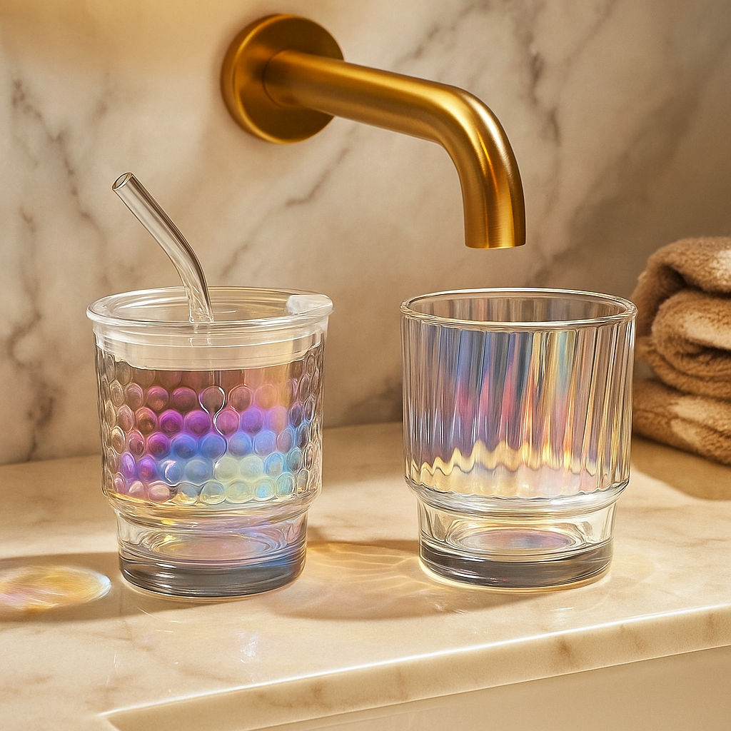 Rainbow Glass Coffee Cup – 350ml with Lid & Straw (Each)