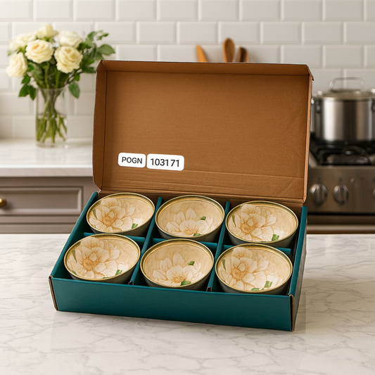 Pack of 6 Ceramic Bowl Set – Elegant Beige Floral Design