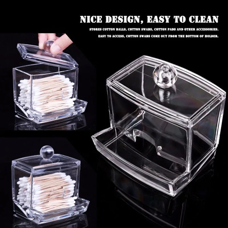 Clear acrylic cotton swab storage box with removable lid and pull-out drawer for easy access