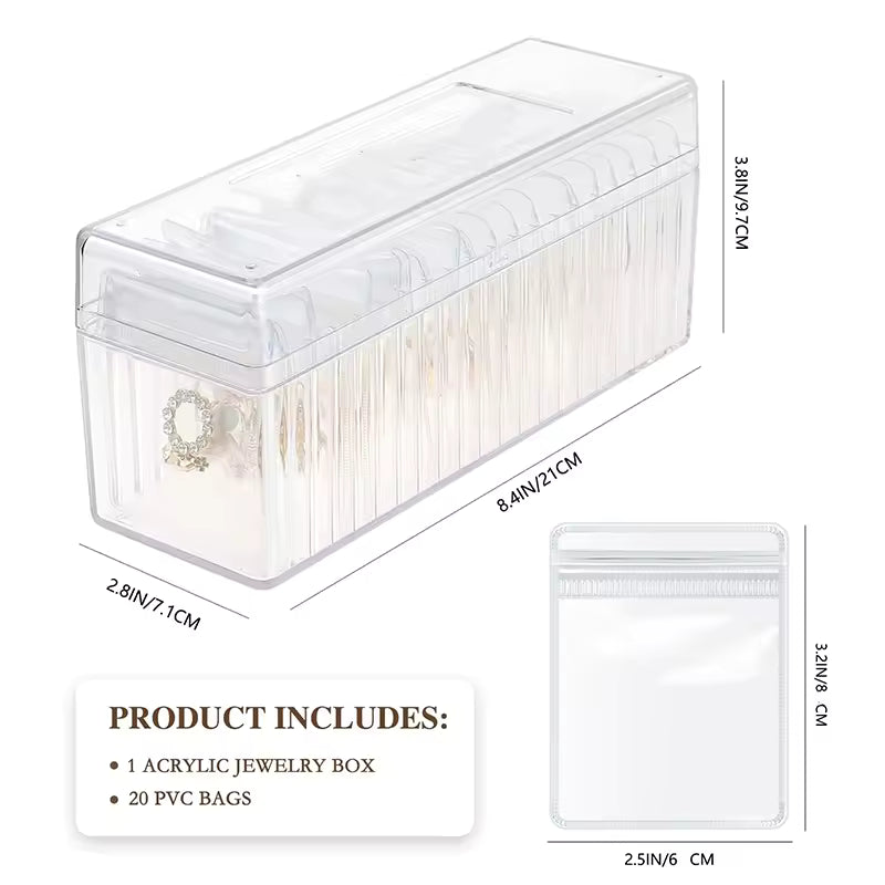 Clear acrylic jewelry box and 20 transparent PVC bags for jewelry storage and packaging