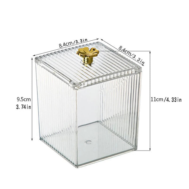 Clear cotton swab storage box with gold flower lid knob acrylic makeup organizer by Clarify.pk