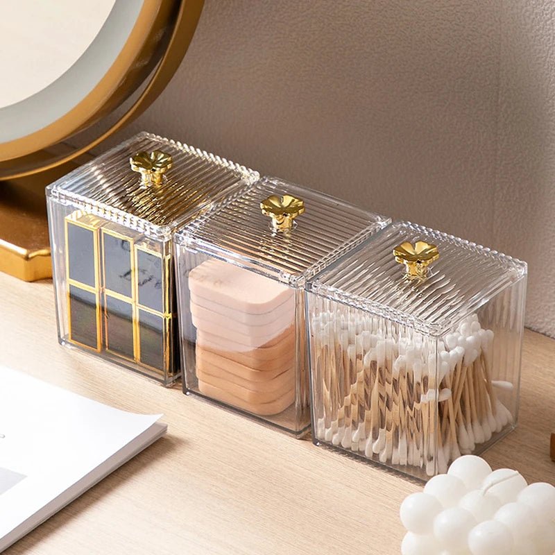 Clarify.pk acrylic makeup organizer cotton swab storage box with clear compartments and gold knobs