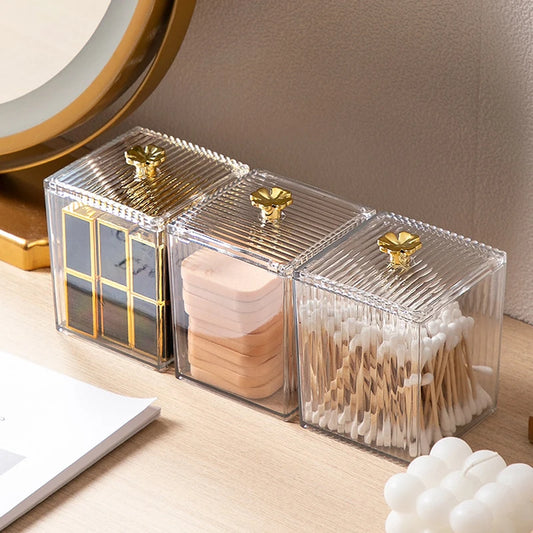 Clarify.pk acrylic makeup organizer cotton swab storage box with clear compartments and gold knobs