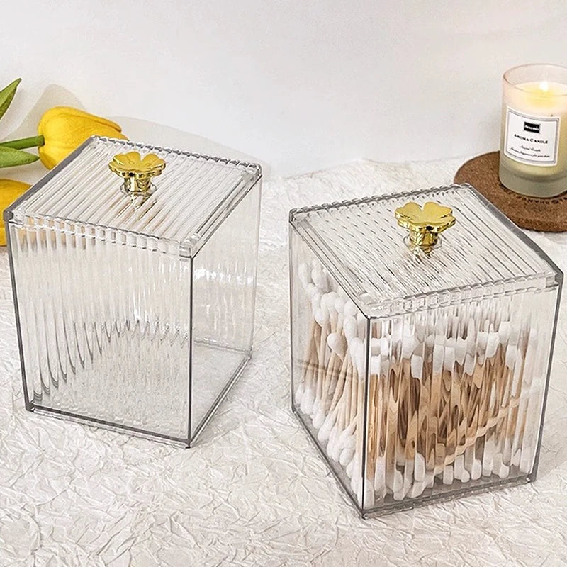 Clear cotton swab storage box with gold flower handle acrylic makeup organizer by Clarify.pk