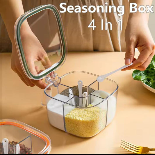 Clear acrylic spice organizer 4 compartment seasoning box with scoops and hinged lid