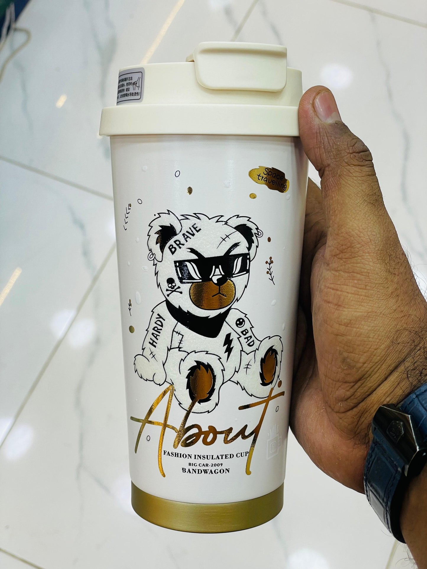 Stylish White Bear Vacuum Mug – 520ml