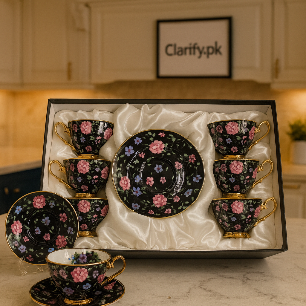 Ceramic 6 Pcs Cup & Saucer Set – Black Floral Gold Handle Design