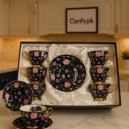 Ceramic 6 Pcs Cup & Saucer Set – Black Floral Gold Handle Design
