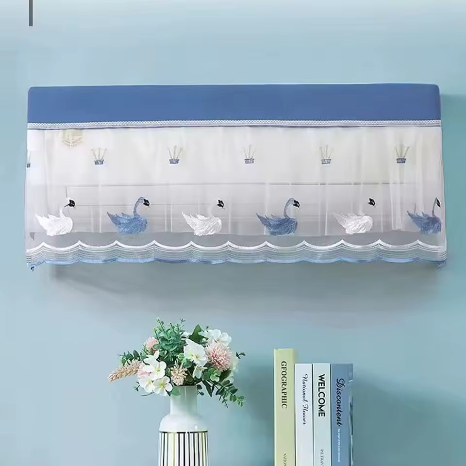 Blue and white decorative air conditioner dust cover with swan embroidery and floral pattern