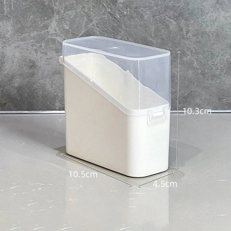 White airtight cheese storage container with clear lid and compact design measuring 10.5 by 4.5 by 10.3 cm