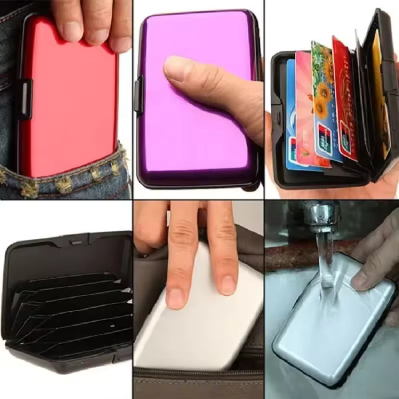 Clarify.pk aluminium wallet for cards in various colors shown open, closed, and being washed