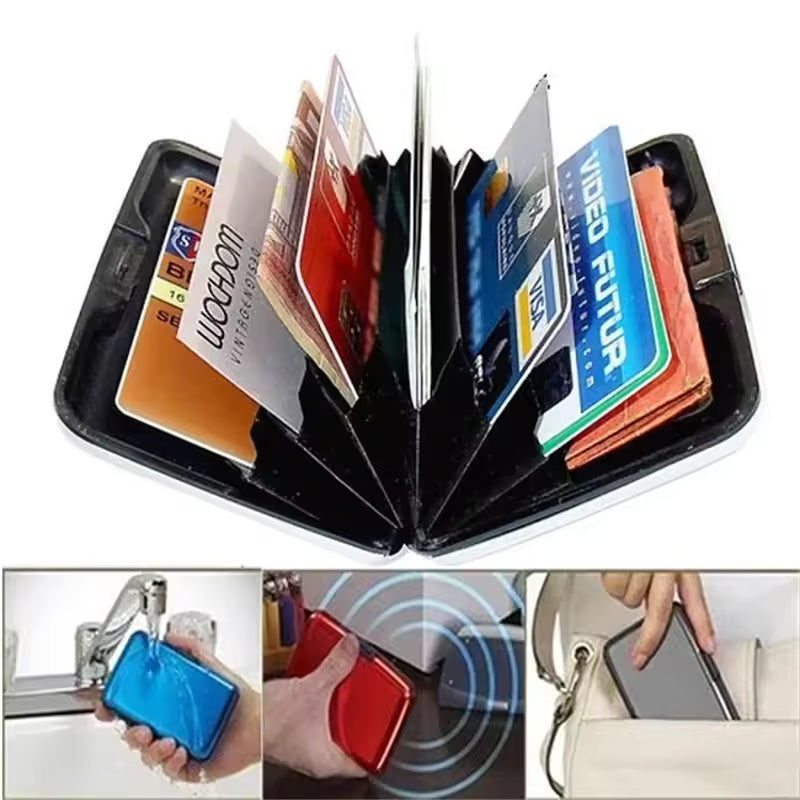 Clarify.pk aluminium wallet for cards open displaying multiple cards and features waterproof and RFID protection