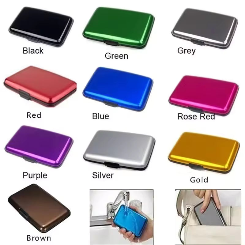 Clarify.pk aluminium wallet for cards available in multiple colors including black, green, grey, red, blue, rose red, purple, silver, gold, and brown