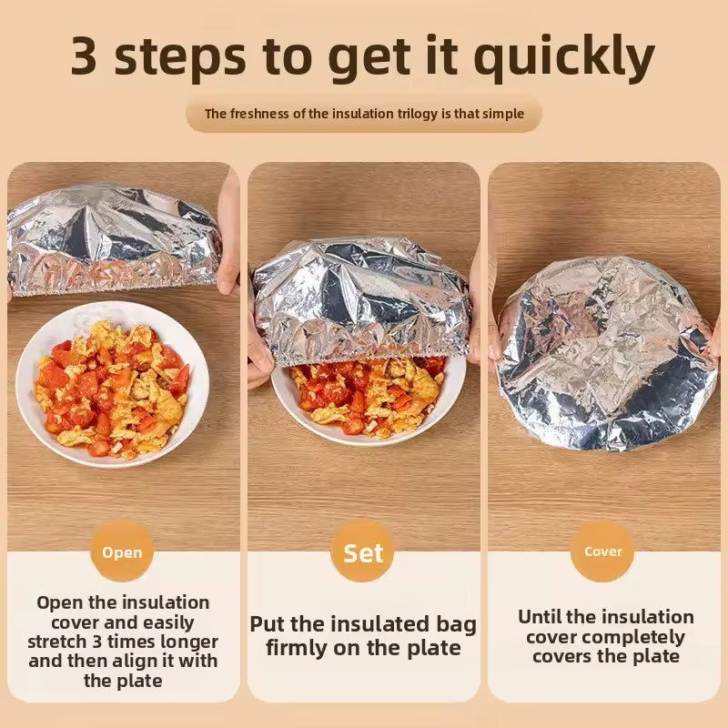 Step-by-step demonstration of using aluminum foil pack for meal prep covering a plate of food