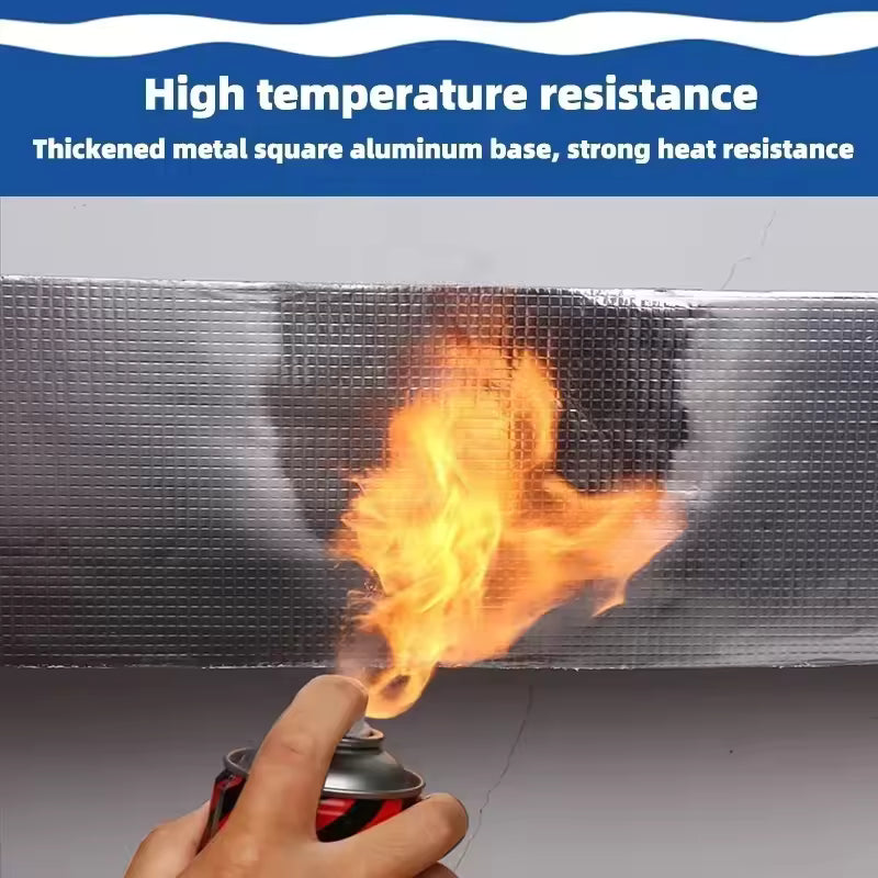 Clarify.pk aluminum foil waterproof tape showing high temperature resistance with flame test on thickened metal aluminum base