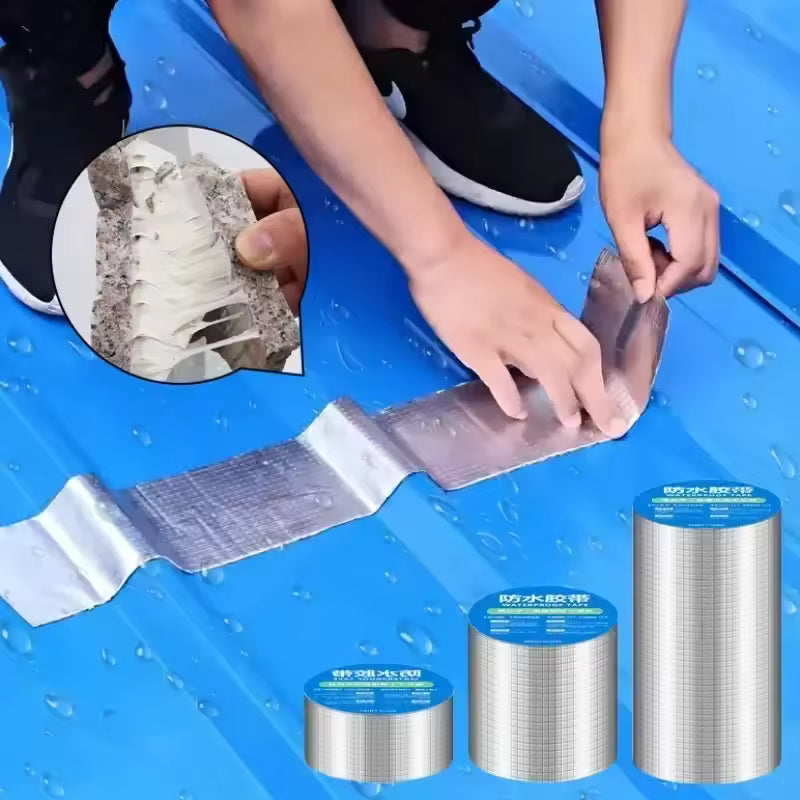 Clarify.pk aluminum foil waterproof tape being applied on a blue surface with water droplets to demonstrate waterproof sealing
