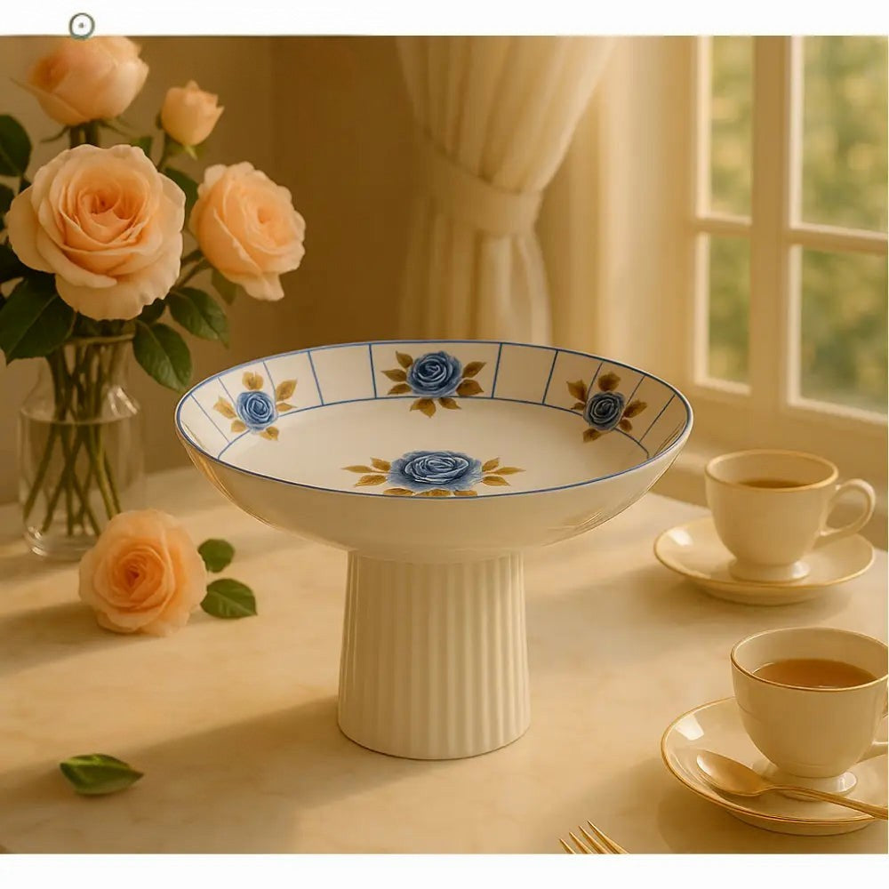 Angela Blue Rose Porcelain Pedestal Bowl with blue rose design displayed on table with tea cups and peach roses