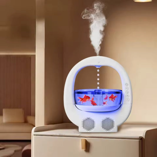 Clarify.pk anti-gravity humidifier with LED lights displaying mist and small fish in water tank