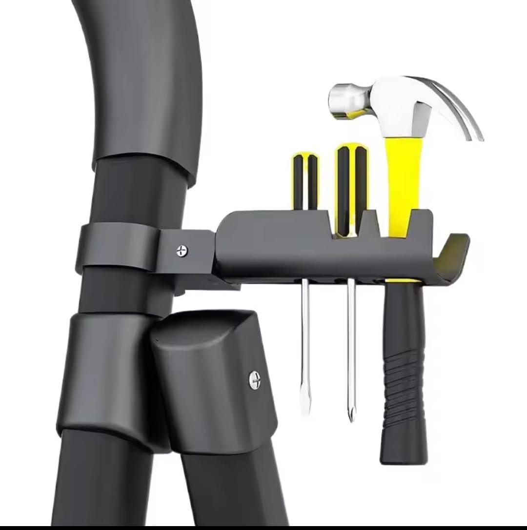 Anti slip steel ladder tool holder attached to black ladder holding hammer and screwdrivers