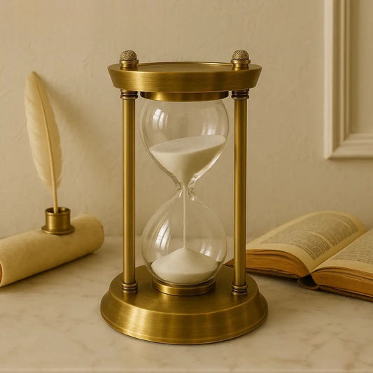 Antique brass hourglass timer with white sand on a marble table near a feather quill and an open book