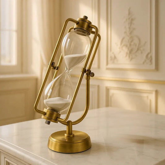 Antique brass hourglass timer with white sand on a gold stand in elegant room setting