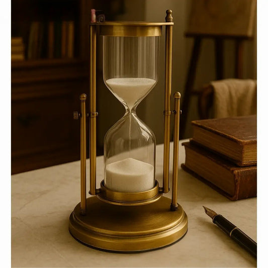 Antique brass hourglass timer with white sand on a marble surface near vintage books and a fountain pen