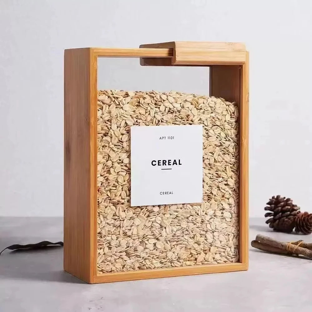 Clarify pk bamboo grain storage box for cereal and oats with clear front panel and sliding lid