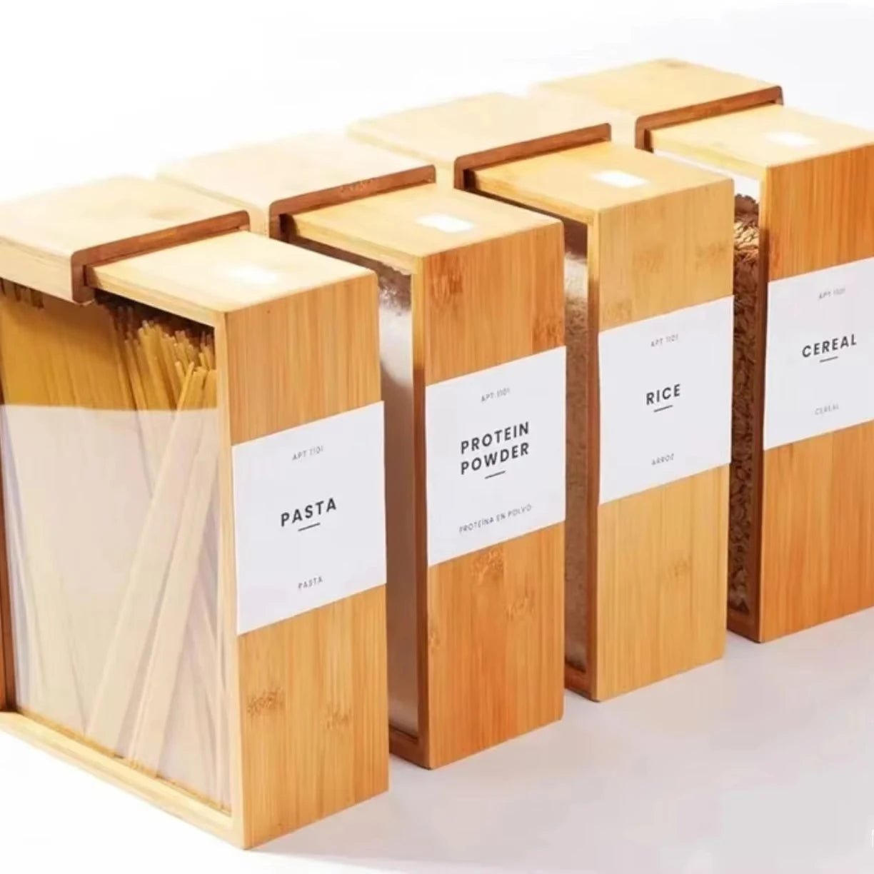 Clarify pk bamboo grain storage box set with clear front panels storing pasta rice cereal and protein powder