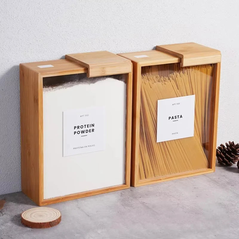 Clarify pk bamboo grain storage box set of two with clear fronts holding protein powder and spaghetti