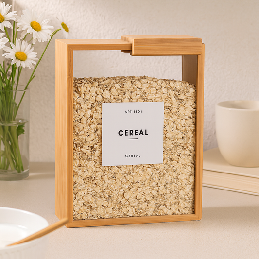 bamboo grain storage box holding rolled oats with clear front panel bamboo lid ideal for pantry organization