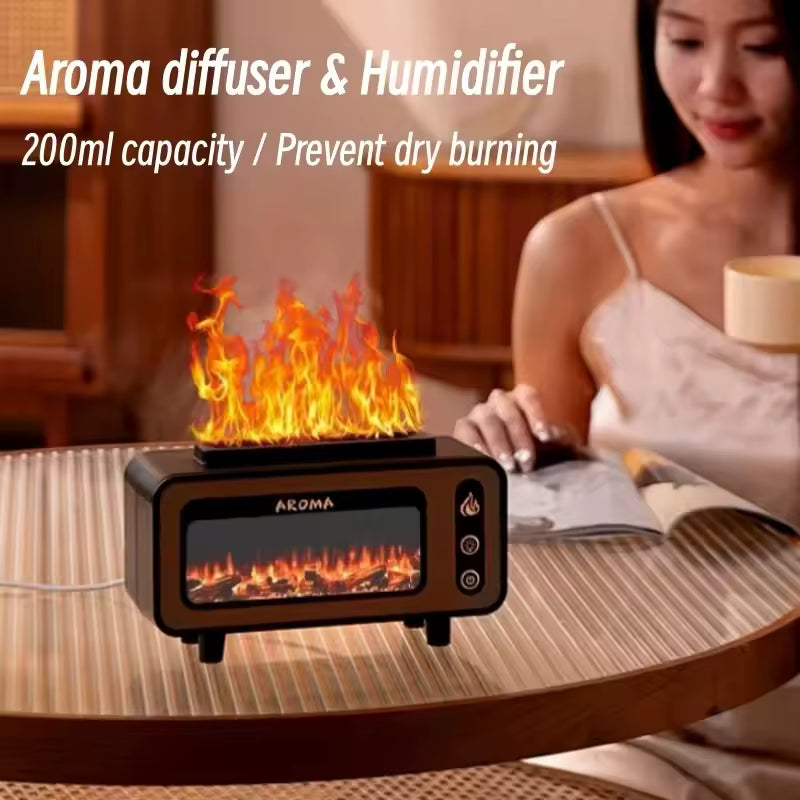 Fireplace flame diffuser humidifier with 200ml capacity on wooden table next to woman drinking tea