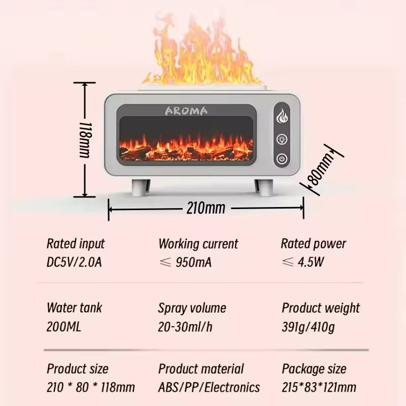 Clarify.pk fireplace flame diffuser humidifier with dimensions 210 by 80 by 118 millimeters and 200ml water tank capacity