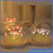 Clarify.pk artificial tulip night lamp with glowing pink and white tulip flowers under glass dome