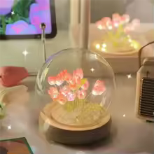 Clarify.pk artificial tulip night lamp with glowing pink tulip flowers inside glass dome on wooden base