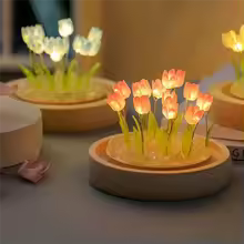 Clarify.pk artificial tulip night lamp with glowing pink tulip flowers on a wooden base