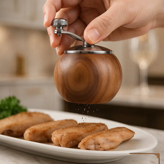 Hand holding wooden pepper grinder seasoning plated chicken pieces round walnut finish kitchen