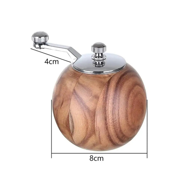Round wooden pepper grinder 8cm with natural wood grain and stainless steel top and crank
