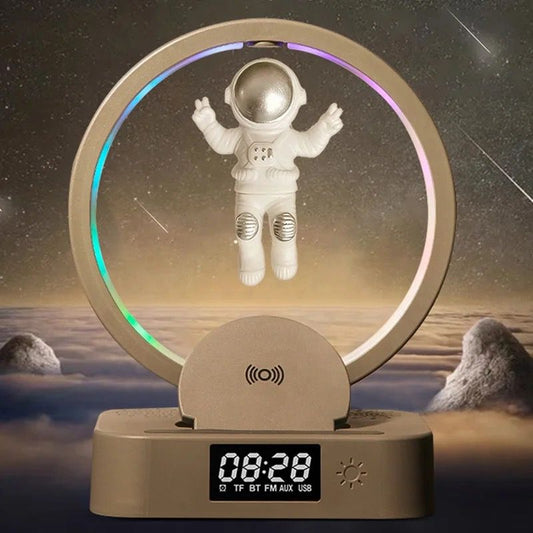 Clarify.pk astronaut night light with bluetooth speaker featuring floating astronaut and LED clock display