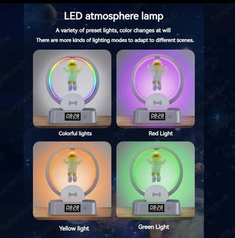 LED atmosphere astronaut night light with bluetooth speaker showing colorful red yellow and green light modes