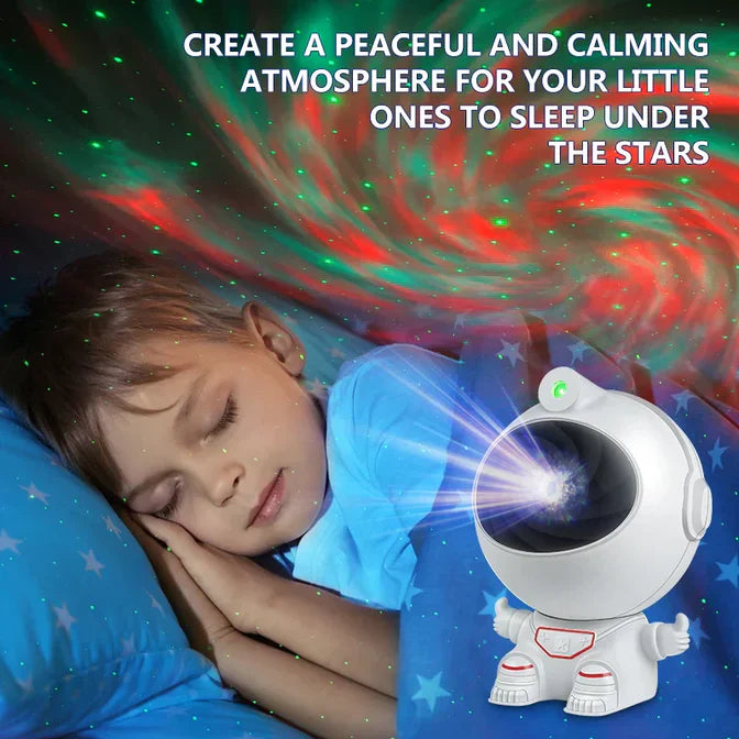 Astronaut star projector lamp creating calming starry night atmosphere for child sleeping peacefully