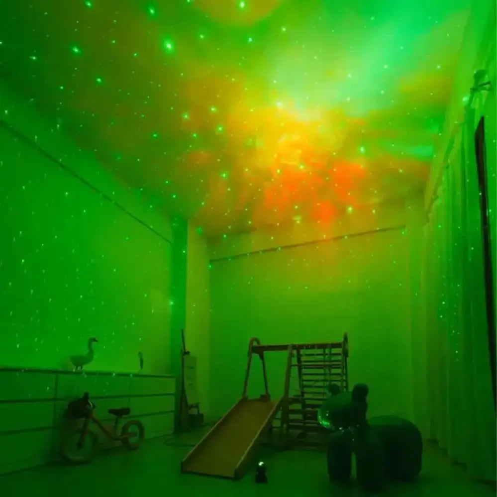Green and orange light projection from astronaut star projector lamp in a children's playroom with slide and toys