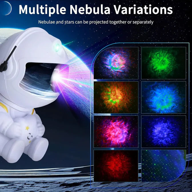 Astronaut star projector lamp displaying multiple colorful nebula variations projecting stars and nebulae