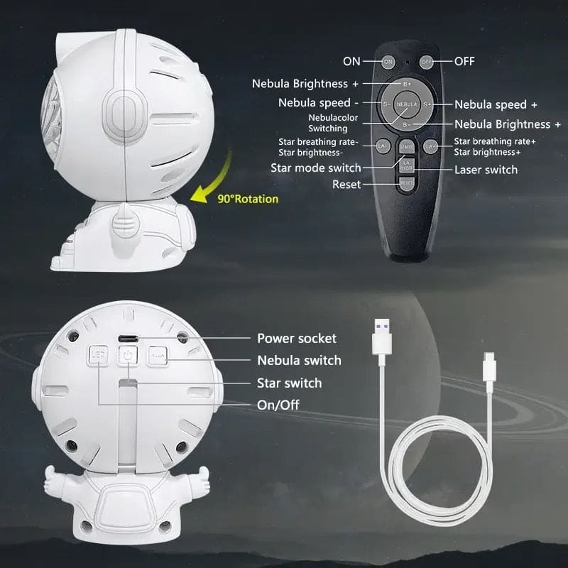 Clarify.pk astronaut star projector lamp with remote control and USB charging cable showing detailed buttons and 90 degree rotation