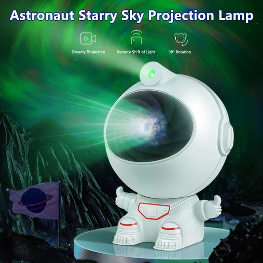 White astronaut star projector lamp projecting starry sky with 90 degree rotation and remote light shift