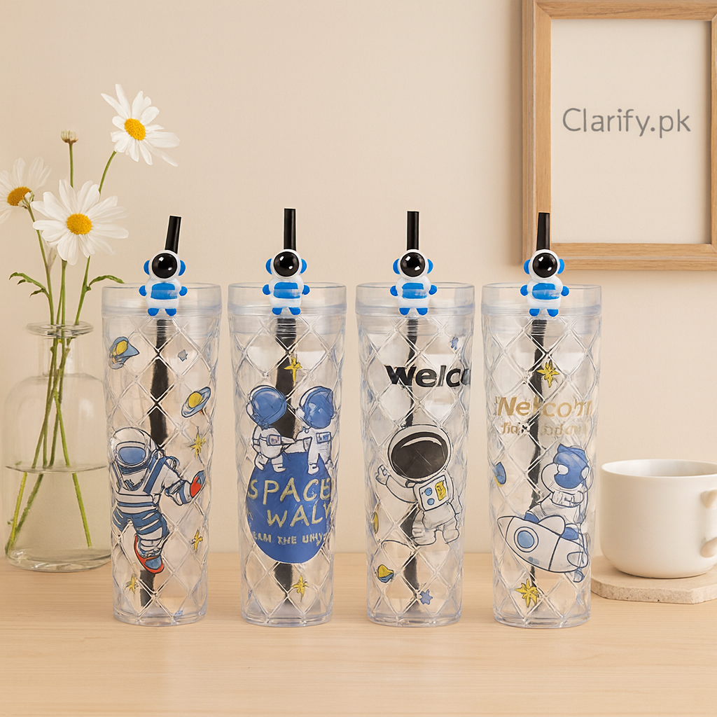 Set of four astronaut water sipper bottles with space-themed designs and blue astronaut character straws