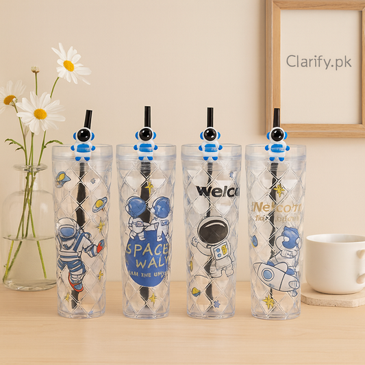 Set of four astronaut water sipper bottles with space-themed designs and blue astronaut character straws